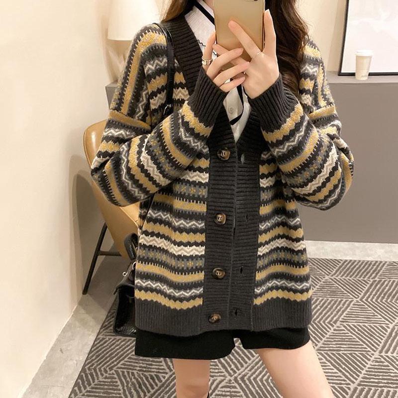 Autumn and Winter Retro Striped Knitted Sweater Loose Cardigan Large Size Blouse Elegant Jacquard Young and Middle-aged Ladies Jacket