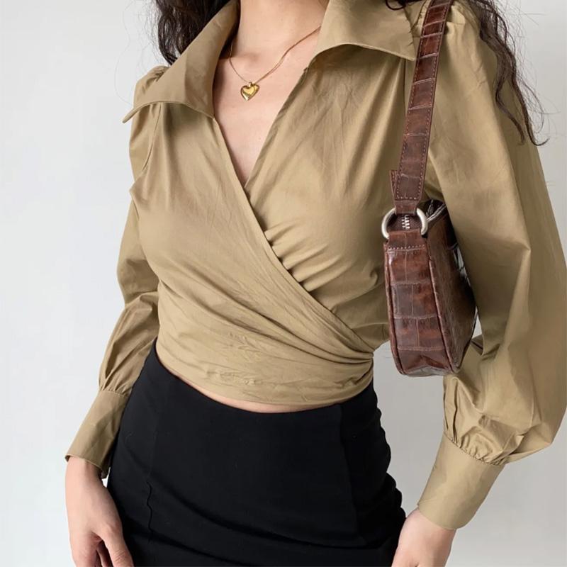 Sexy Cross V-Neck Lace-Up Lantern Sleeve Shirt Women's High Waist Short Lapel Top