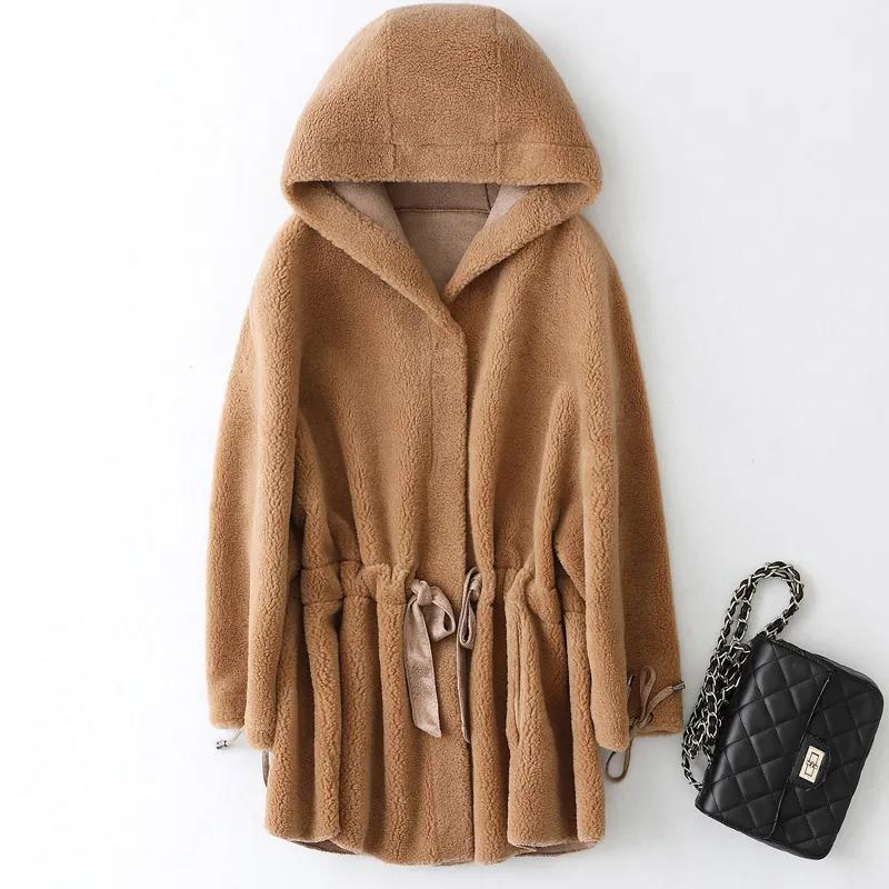 Women's Particle Cashmere Coat Winter Thick Hooded Loose Lamb Wool Coat Mid-length Faux Wool Fur Coat
