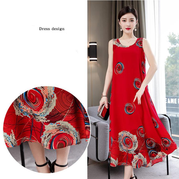 Large Size XL-XXXXXL Women Summer Cotton Silk Dress Sleeveless Vest Skirt Loose Printing Home Night Skirt Beach Skirt