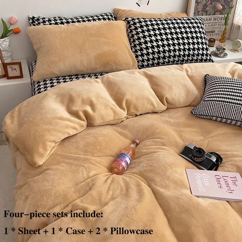 Winter Double-sided Thickening Plus Velvet Four-piece Coral Velvet Is Sleeve Single Pillow Set of Set 1.5 Meters 1.8 Meter Bed Warm Bed Set