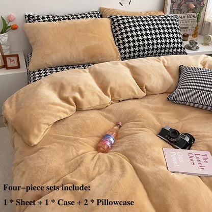 Winter Double-sided Thickening Plus Velvet Four-piece Coral Velvet Is Sleeve Single Pillow Set of Set 1.5 Meters 1.8 Meter Bed Warm Bed Set