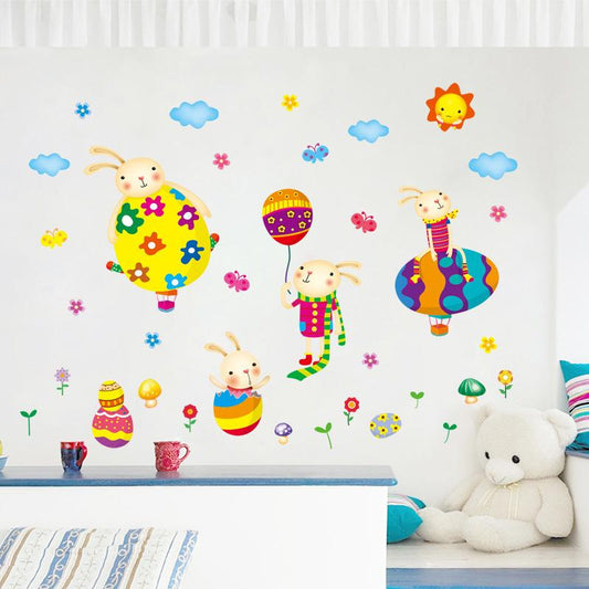 Colorful Cute egg with bunny cartoon wall sticker bedroom children room background decoration