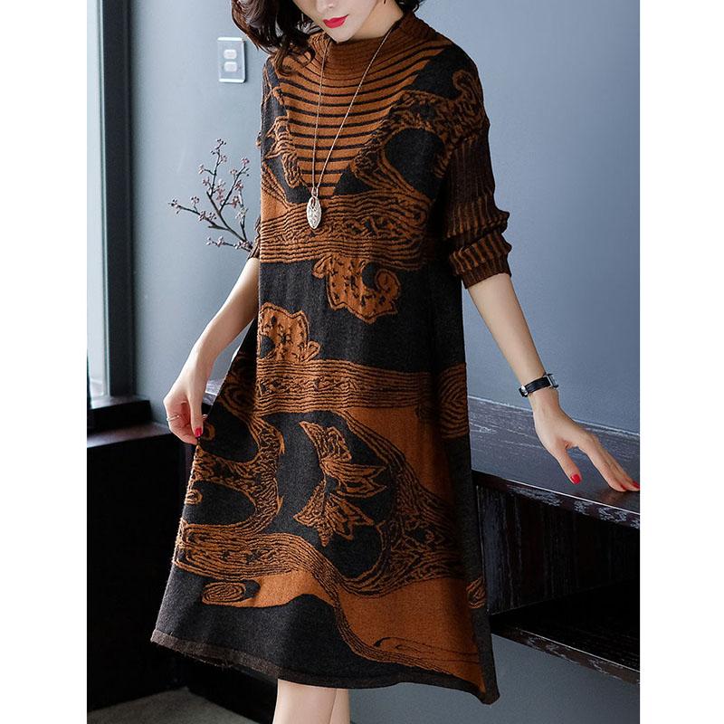 Autumn and Winter Elegant Temperament Bottoming Shirt Loose Jacquard Knitted Dress Mid-length Over The Knee Sweater Skirt