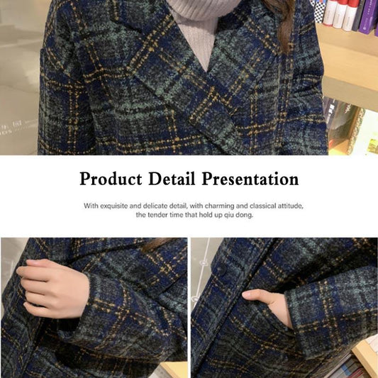Cotton Woolen Plaid Coat Women's Mid-length Spring Loose Woolen Coat