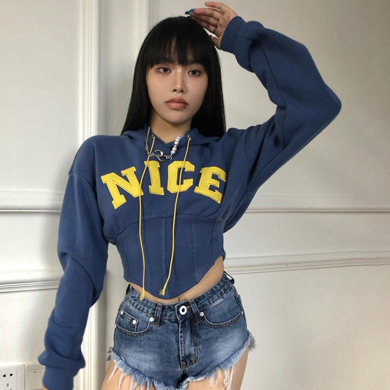 Sweatshirts Women Hoodies Cropped Fashion Bodycon Waistline Loose Pullover Hooded Short Sweatshirts Letter Embroidery Autumn Winter Women Top Clothes