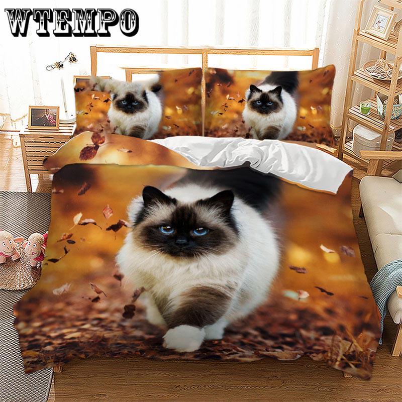 3pcs Cute 3D Autumn Cat Cat Print Duvet Cover Pillow Case Zipper Kids Bedding Set Bedclothes