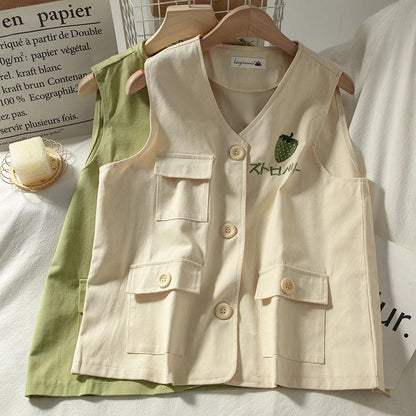 Strawberry Embroidery Women's Vest Coat Solid Color Sleeveless Spring and Summer Loose Casual Waistcoats