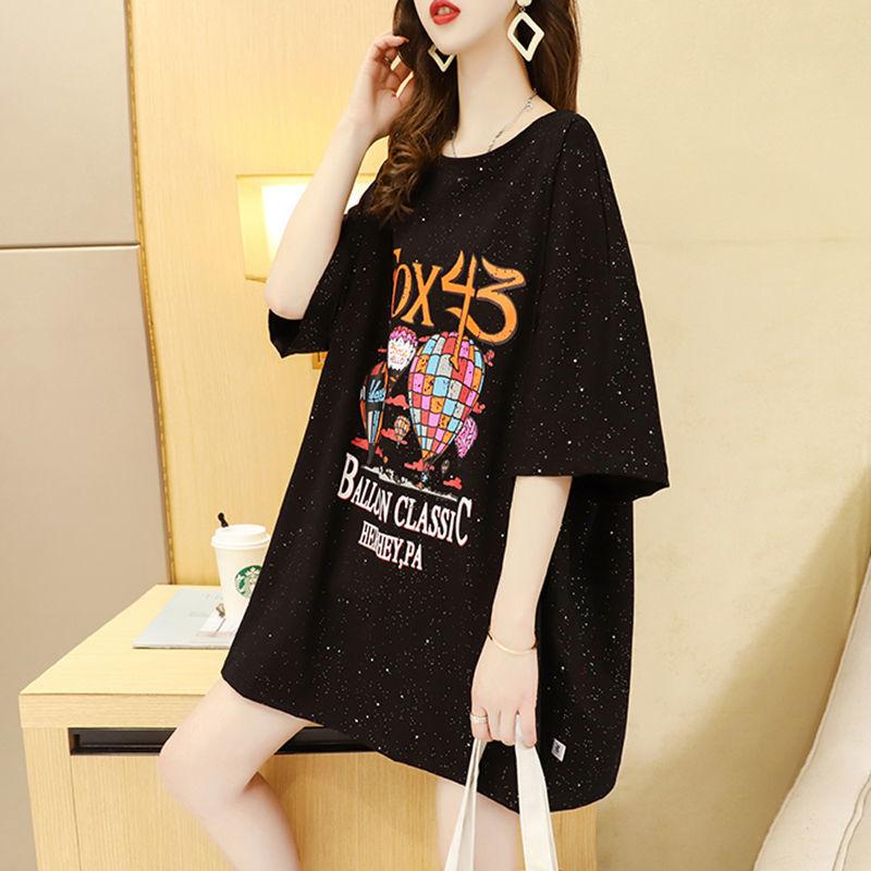 Women's Short-sleeved Short-sleeved Mid-length Loose Round Neck Half-sleeved Tops with Open Back Glittering T-shirts Ladies Casual Loose Long T-shirts