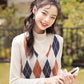 Sleeveless Pullover England Vintage Geometric Rhombic V Neck Knitted Sweater Vest Knitwear Lady Waistcoat Tops Women