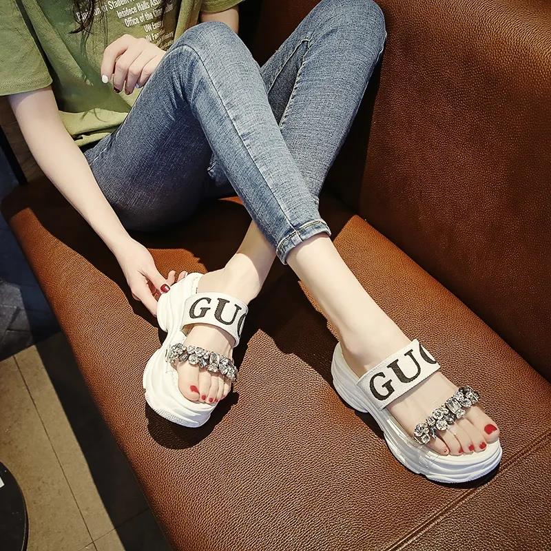 Beach Shoes and Slippers Women's All-match Thick-soled Heelless Sandals and Slippers Women's High-heeled Rhinestone Sandals