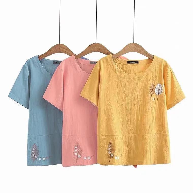 Cotton T-shirt Summer Literary Short-sleeved Women's Embroidered Large Size Stitching All-match Top