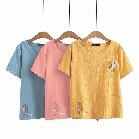 Cotton T-shirt Summer Literary Short-sleeved Women's Embroidered Large Size Stitching All-match Top