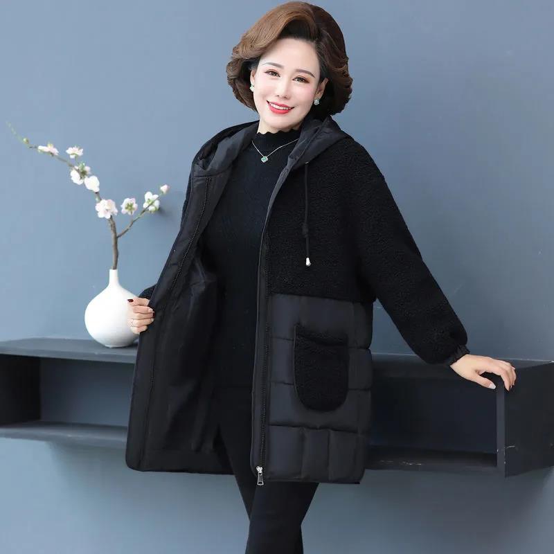 Women Padded Jackets Autumn Winter Hooded Parkas Women Thick Lamb Wool Patchwork Coat Warm Loose Casual Women's Coat