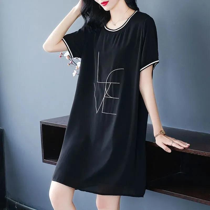Cotton Mid-length Dress Women Loose Plus Size Summer T-shirt Skirt All-match Black Round Neck Short Sleeve Dress