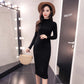 Pofulove Long Hip Knit Dress Over-The-Knee Sweater Dress Women's Half-High-Neck Slim Fit Thickened