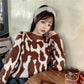 Autumn Winter  Women Fashion Sweater Short Leopard  Knitting Sweater  Round Neck Pullovers Loose Casual Long Sleeve Sweater