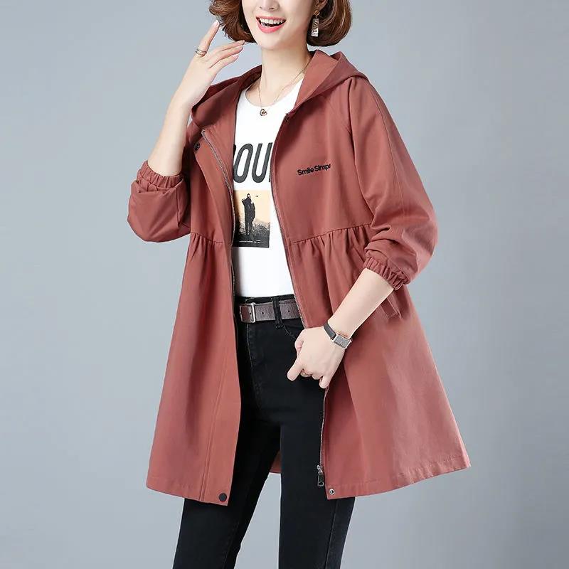 Spring Autumn Large Size Hooded Windbreaker Coats Women's Mid-Length Trench Coat 2021 New Female Coat Casual Outerwear