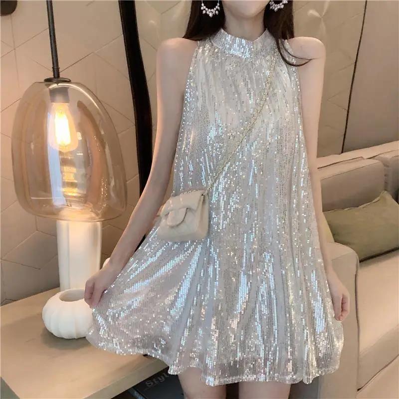 Tutu Sequins Shiny  Women's Summer Vest Dress Sleeveless Round Neck Knee-length Daily Wear Home Dating Party