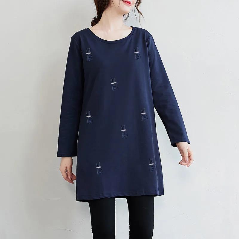 Fashion Women Long Sleeve Embroidered Solid Polyester T-Shirt Autumn  Femininas Basic Tops Loose Chemise Tunic Pullover