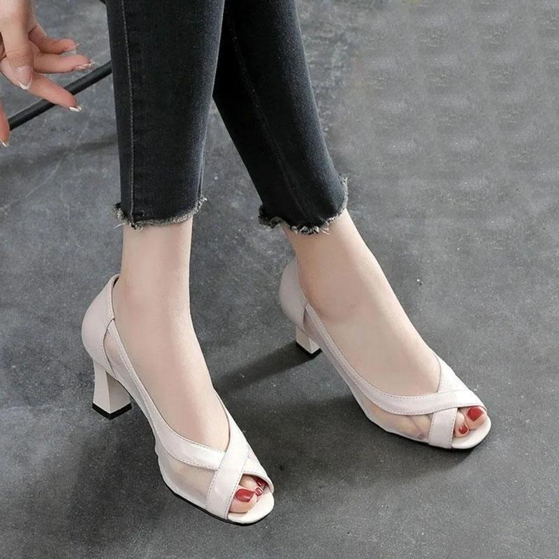 Soft Leather Mesh Thick Heel Sandals for Women's Outer Wear Spring and Summer Fashion All-match Fish Mouth Mid-heel Shoes