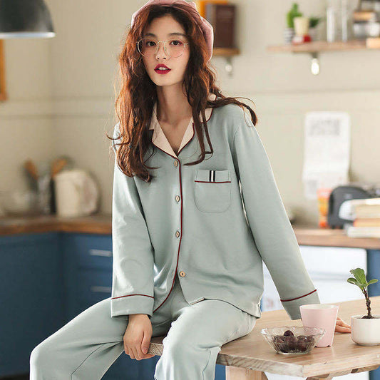 Pure Cotton Thin Casual Pajamas Women's Long-sleeved Pajamas Summer Ladies Suit Home Service Can Be Worn Outside