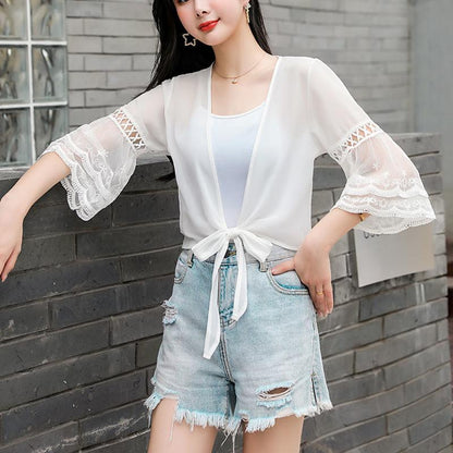 1 PCS Lace Cardigan Women Beach Sun Protection Summer Short Solid Color Thin Shawl White Flower Pattern