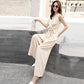 One-piece Wide-leg Pants Women's Summer Leisure V-neck Slim-fitting Jumpsuit Suit Chiffon Fabric Light and Breathable Waist Slimming One-piece Suit