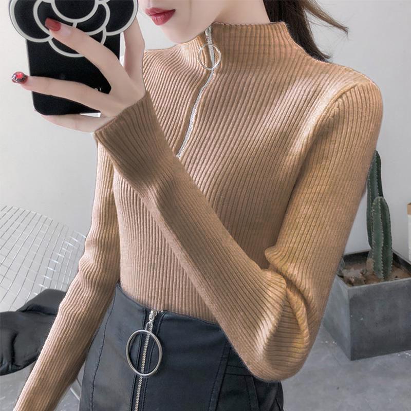 Core Spun Yarn Knitted Top Fall Winter Solid Color Half Turtleneck Sweater Fashion Jacket