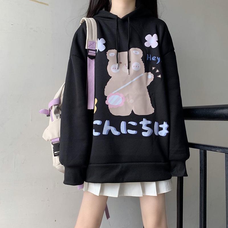 Anime Sweatshirt Japan Cartoon Hooded Tops Oversized Streetwear Harajuku White Long Pullovers Hoodies Plus Size Loose Thick Fleece Fall Winter Hoodies