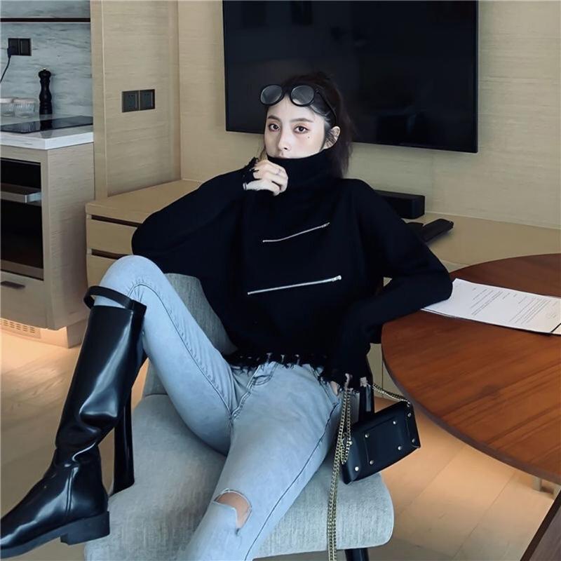 Women's Solid Color Trendy Fashion Zipper Slim Bottoming Sweater High Neck Tassel Short Knit Sweater