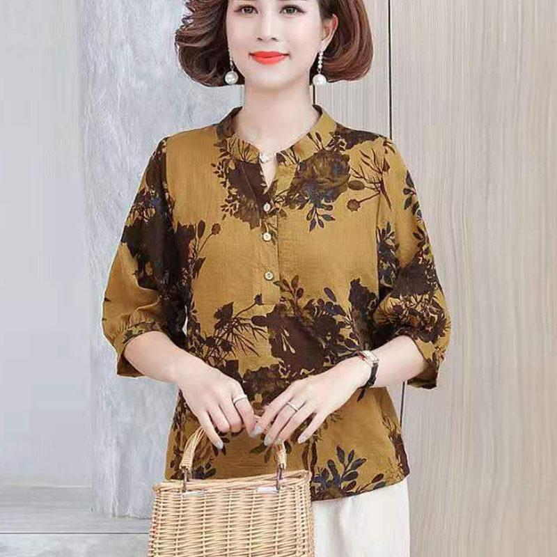 Linen Shirts Retro Printed T-Shirts Casual Loose Thin Shirts Summer Dresses for Middle-aged and Older Women