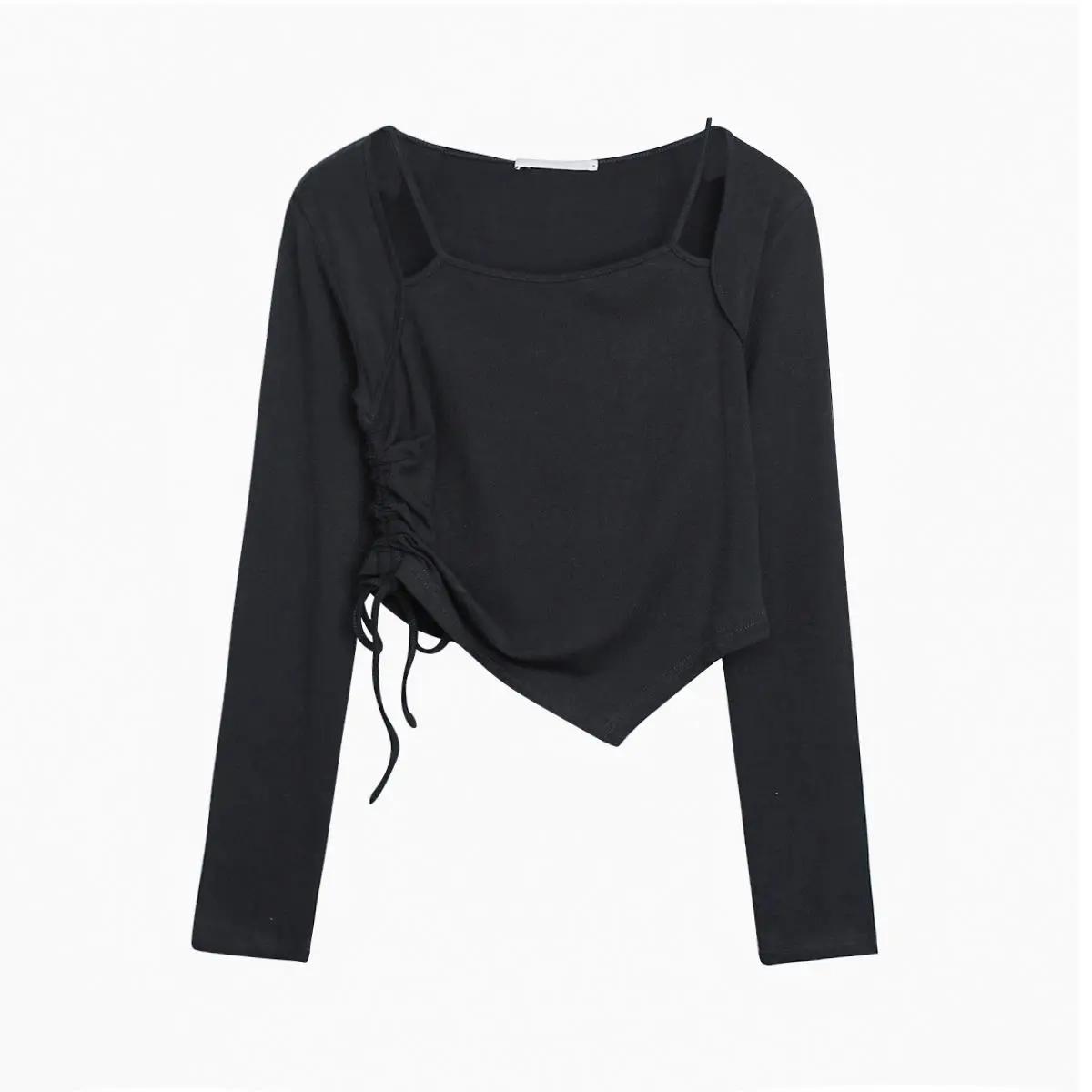 Short Solid Color Long Sleeve T-Shirt Female Student Drawstring Sling Long Sleeve Top Women