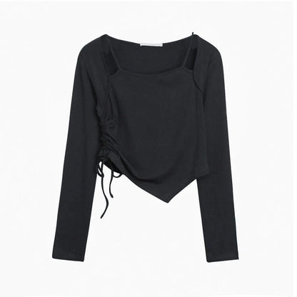 Short Solid Color Long Sleeve T-Shirt Female Student Drawstring Sling Long Sleeve Top Women