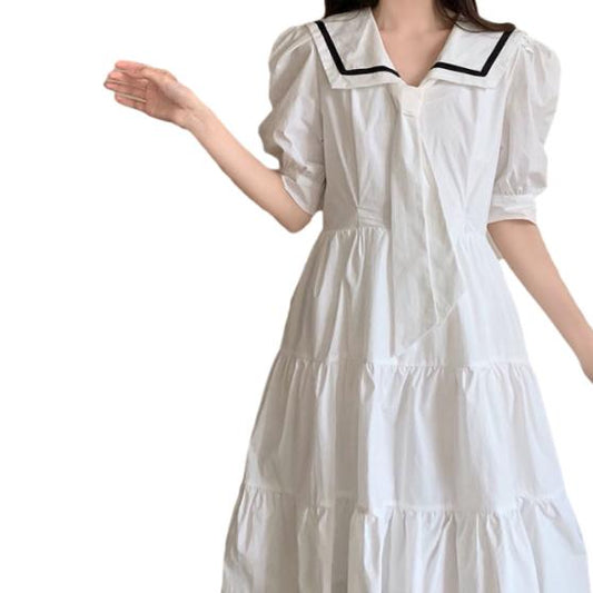 Summer Women's Tie Pompous Graceful Dress Simple Elegant Loose Slim Mid Long Pleated Solid Dress