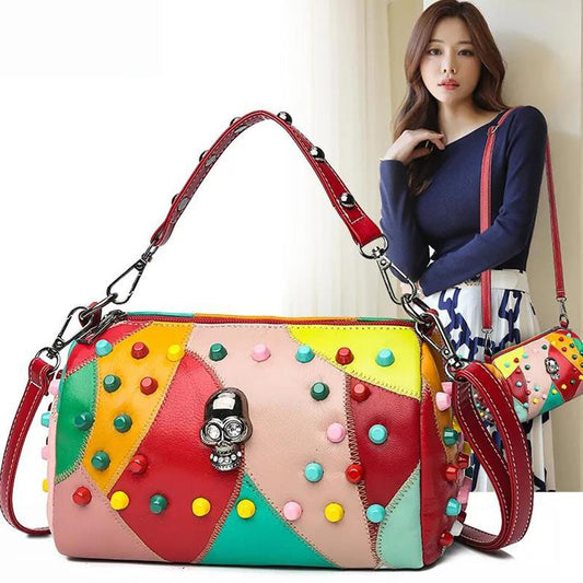 Soft Leather Female Bag Large Capacity Rivet Pillow Bag Korean Shoulder Bag Messenger Bag Handbag Bag Female