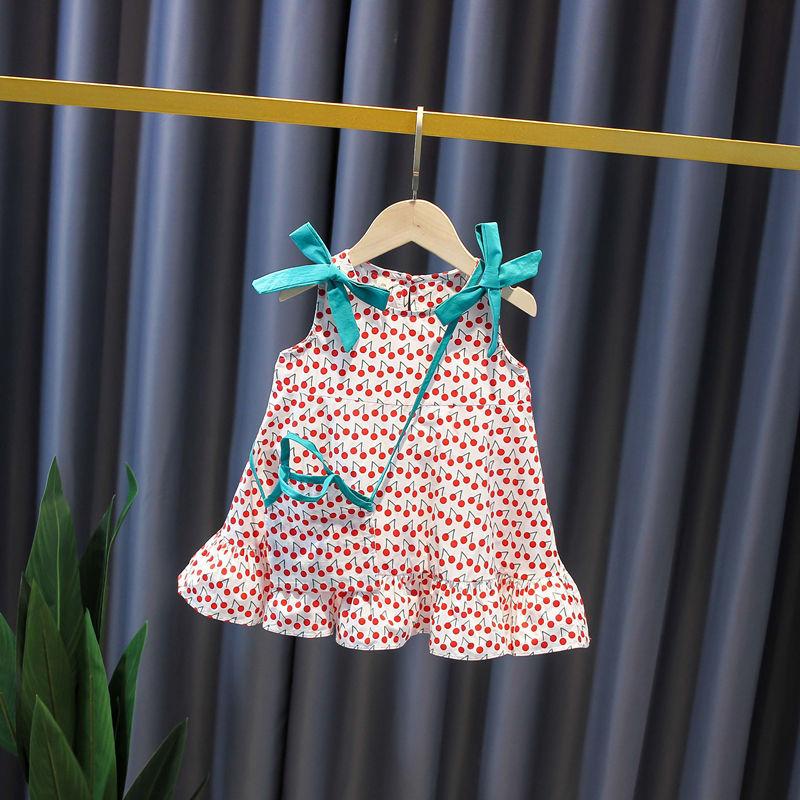 Children Dress Girls' Summer Thin Drawstring Dress Floral Printing Sleeveless Bow Ruffle Princess Dress
