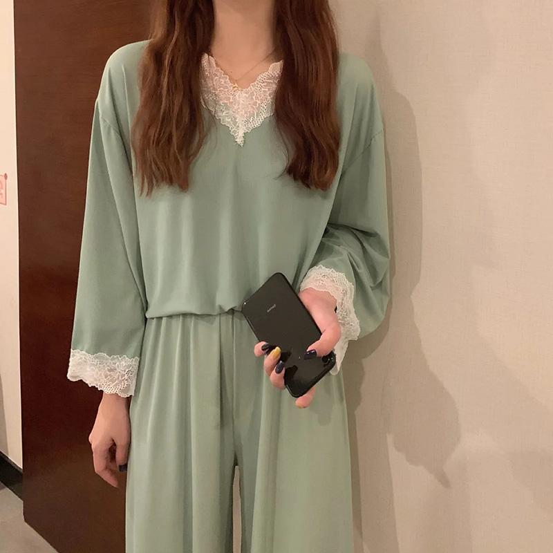 Women's Spring Autumn Long-sleeves Pajamas Set Sexy Lace Edge V-neck Sweet Loose Home Wear Two-piece Suit Solid Color Breathable Sleeping Suit