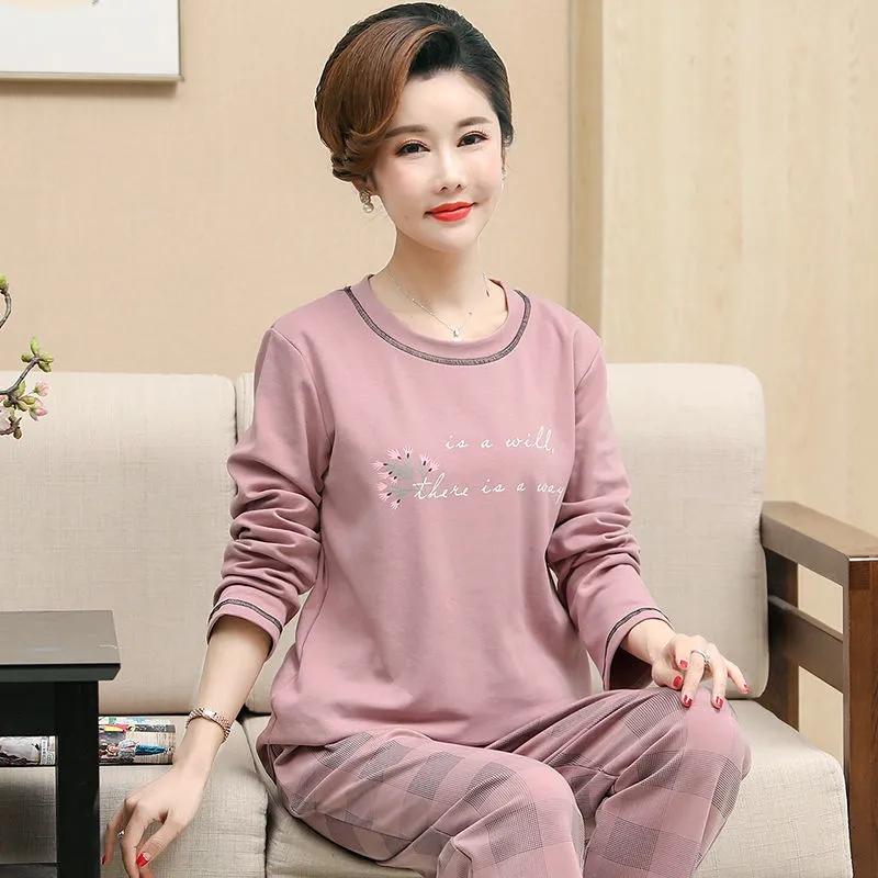 Women's Cotton Pajamas Set Autumn Winter Pyjamas Suit Casual Loose Sleepwear Pullover Long Sleeve Home Wear Ladies Nightwear with Round Collar