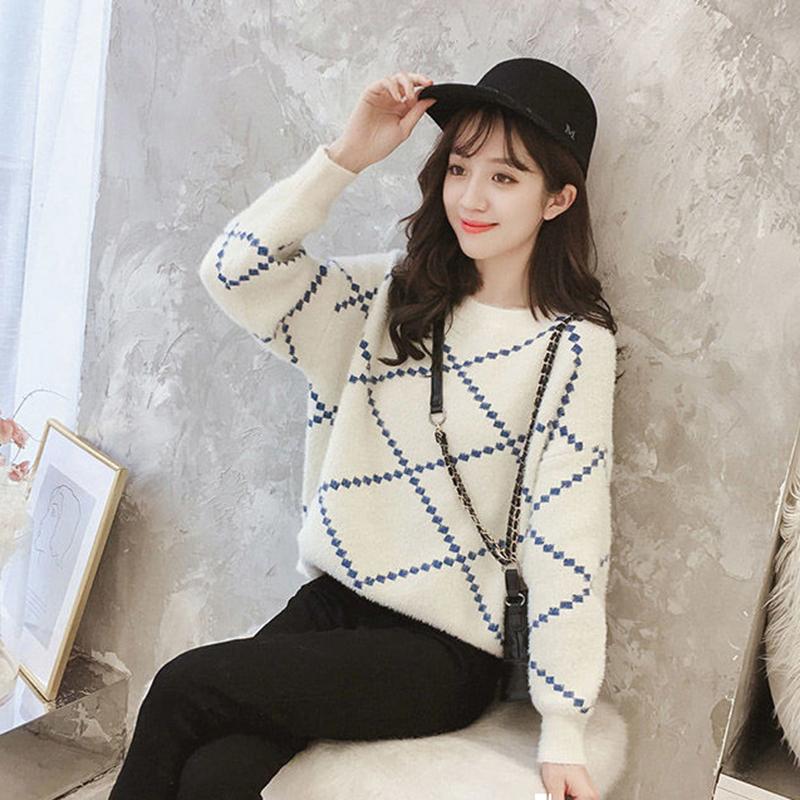 Autumn and Winter Imitation Mink Velvet Loose Sweater Plaid Pattern Knitted Top Fashion Casual Women Sweater