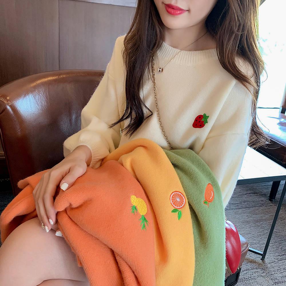 Sweet Fruit Embroidered Sweater Women's Long-sleeved Pullover Sweater Loose Wild Top