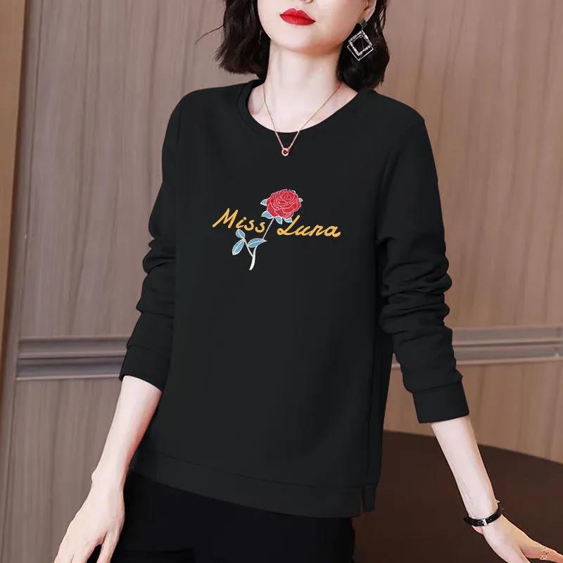 Rose Branch Print Pullover Women Cotton Shirt Long Sleeve T-shirt Casual Slit Bottoming Shirt Spring