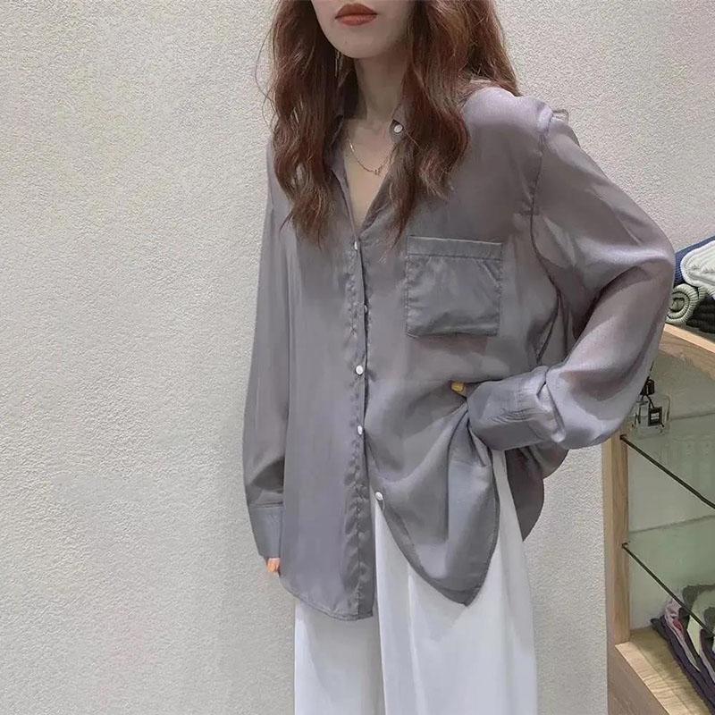 Sunscreen Shirt Chiffon Female Summer  Long Sleeve Loose Ice Silk Cardigan Tide  Turn-down Collar  Button Up Shirt