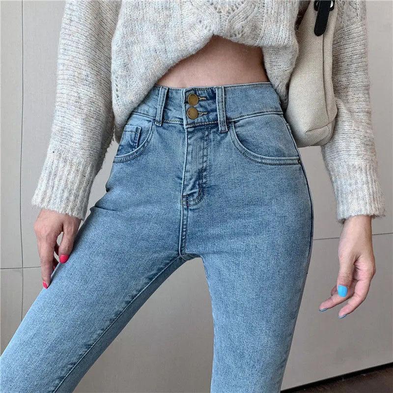 Double Button Women's High Waist Jeans Pencil Pants Korean Style Elastic Thin and High Pencil Pants Ladies Leggings