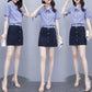 Large Size Skirt Set Women's Plaid Short-sleeved Shirt High-waisted Skirt Two-piece Bow Knot Sleeve Plaid Belt A-line Skirt Slim Summer Dress Suit