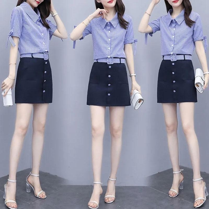 Large Size Skirt Set Women's Plaid Short-sleeved Shirt High-waisted Skirt Two-piece Bow Knot Sleeve Plaid Belt A-line Skirt Slim Summer Dress Suit