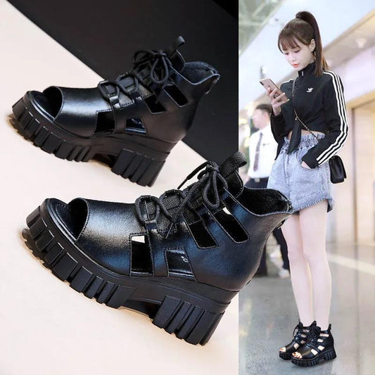 Summer Hollow and Breathable Thin Roman Sandals All-match High-heel Platform Sandals Wedge Platform Shoes