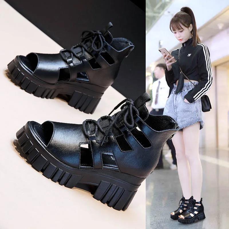 Women's Platform Sandals Hollow Breathable Boots Summer Wedge Heel Mesh Fish Mouth Shoes