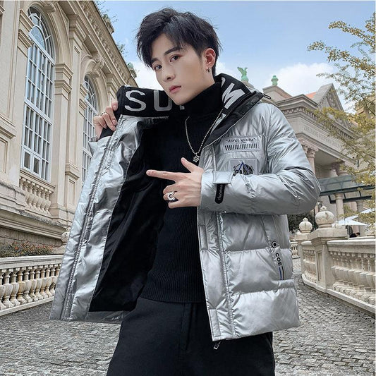 Winter Trend Hooded Cotton-padded Jacket Men's Cotton-padded Jacket Youth Shiny Surface Jacket Korean Style Slim Thick Warm Short Coat
