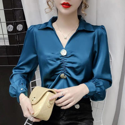 Women's Spring and Autumn Chiffon T-shirt Loose V-neck Long-sleeved Top